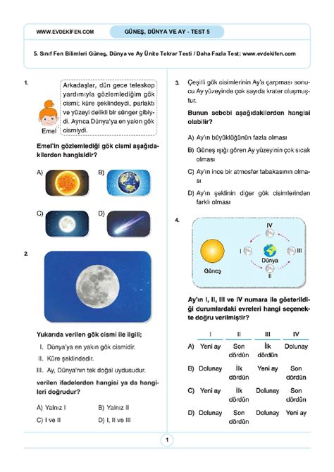 dünya güneş ay test soruları 5 sınıf